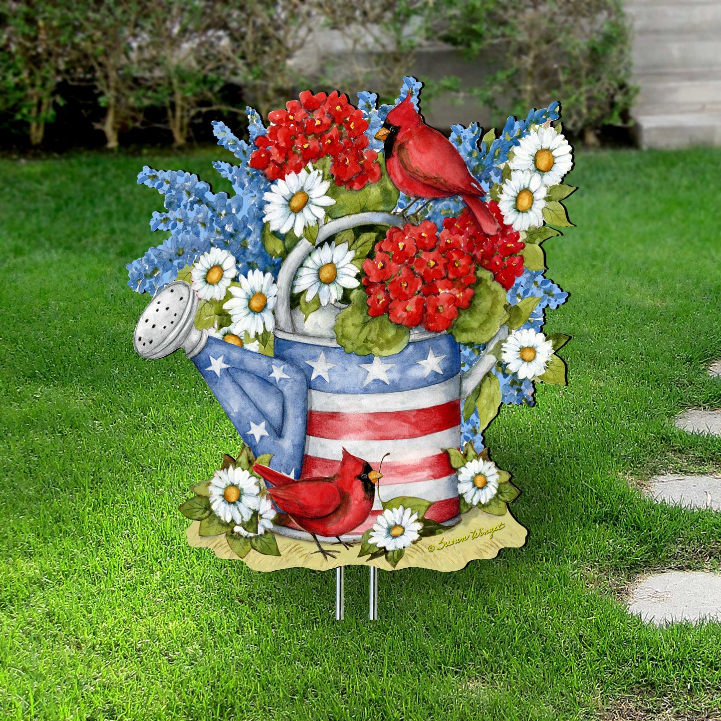 Patriotic garden decor watering can stake