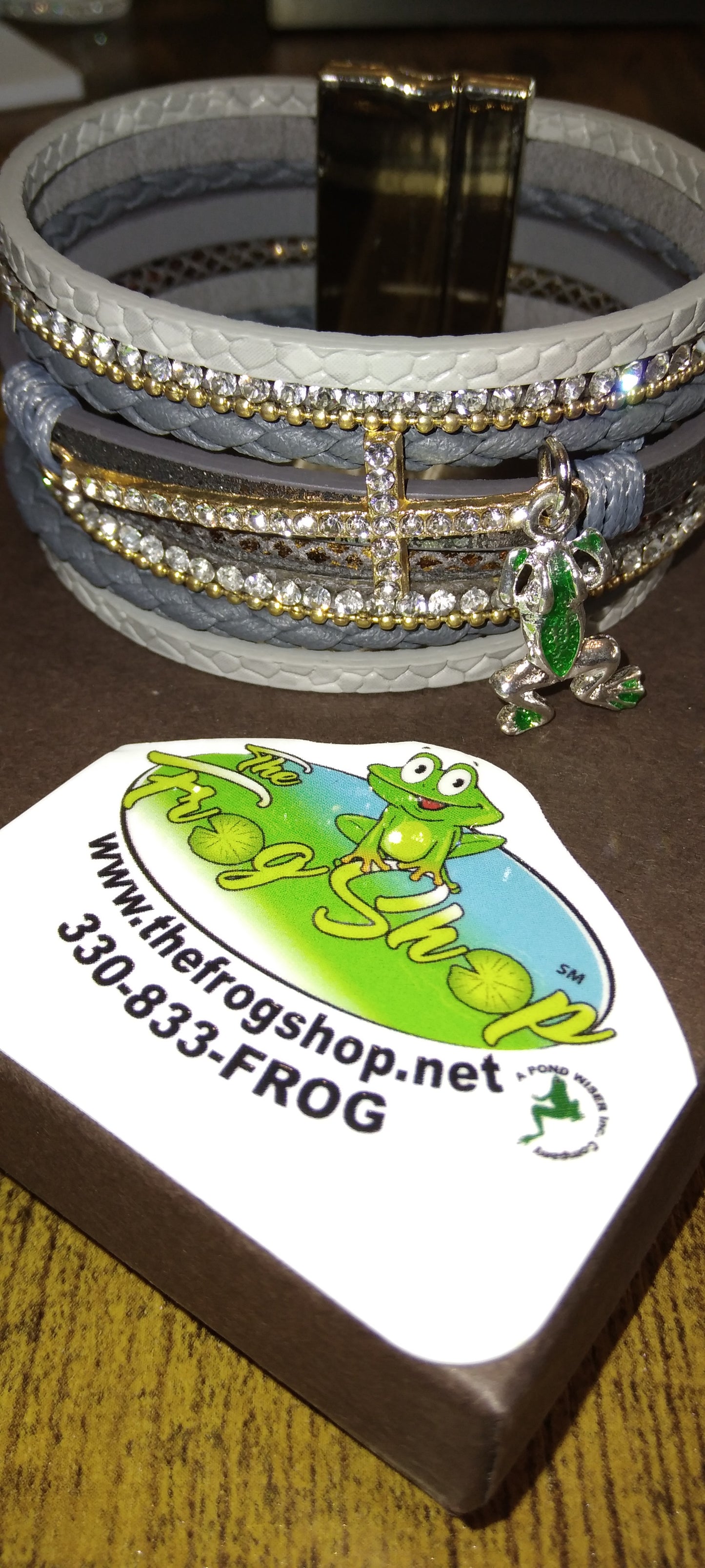 Frog Charm & Cross Leather Bracelet