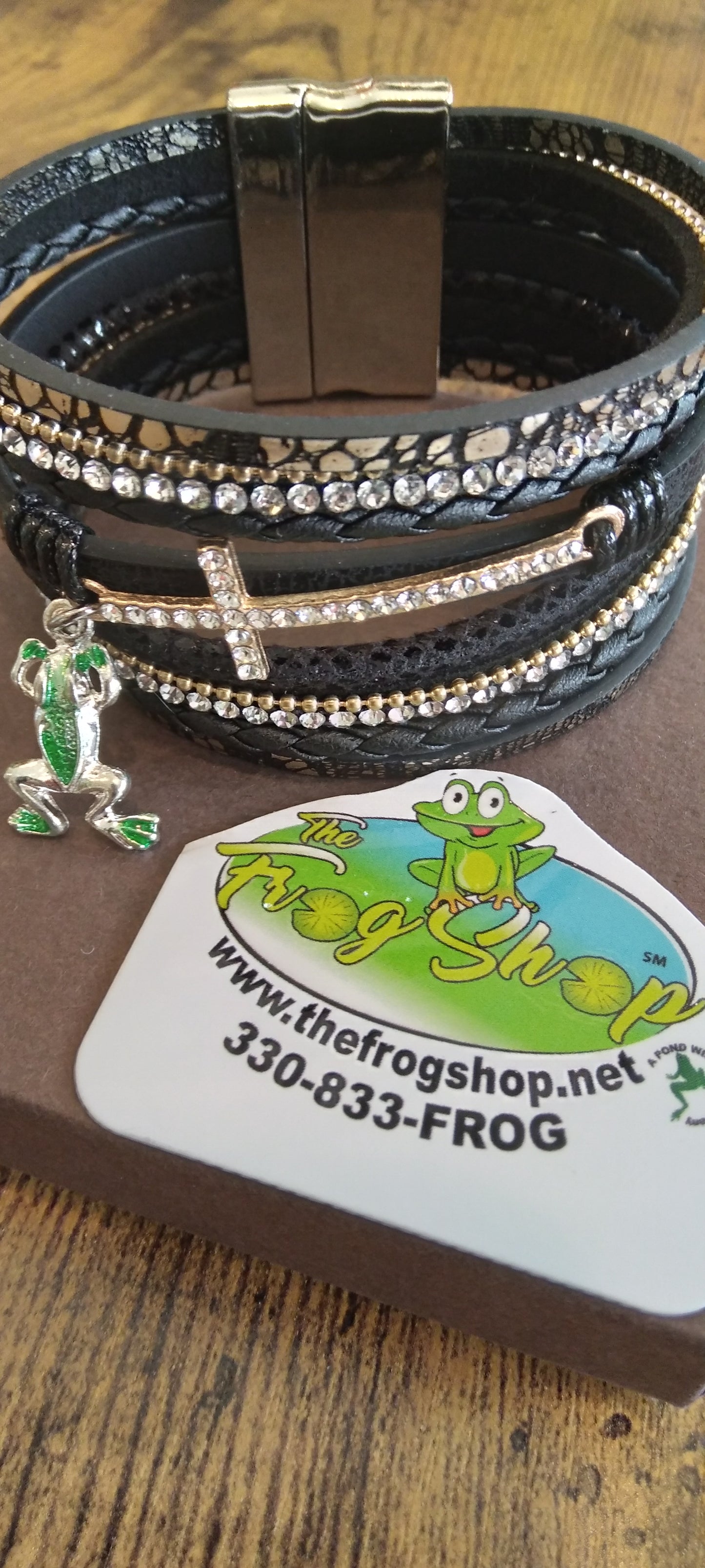 Frog Charm & Cross Leather Bracelet