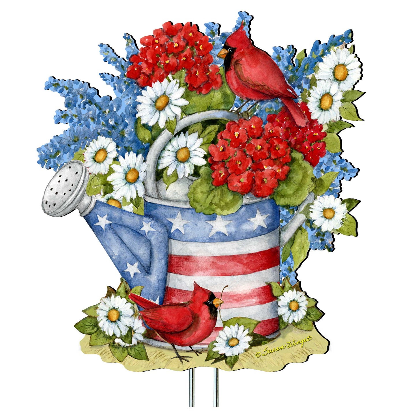 Patriotic garden decor watering can stake