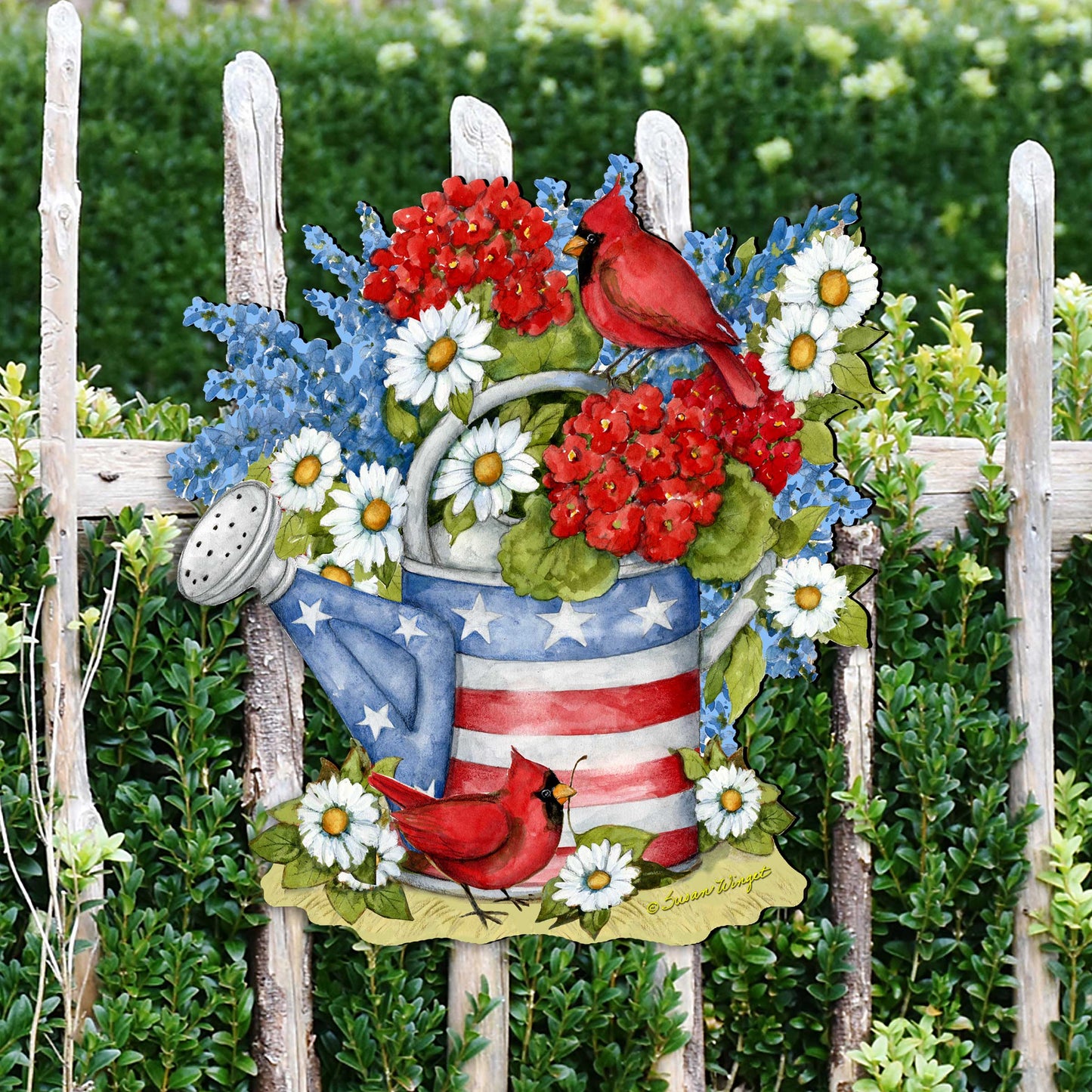 Patriotic garden decor watering can stake