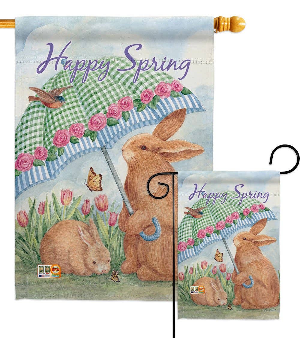 Bunnies With Umbrella Happy Spring