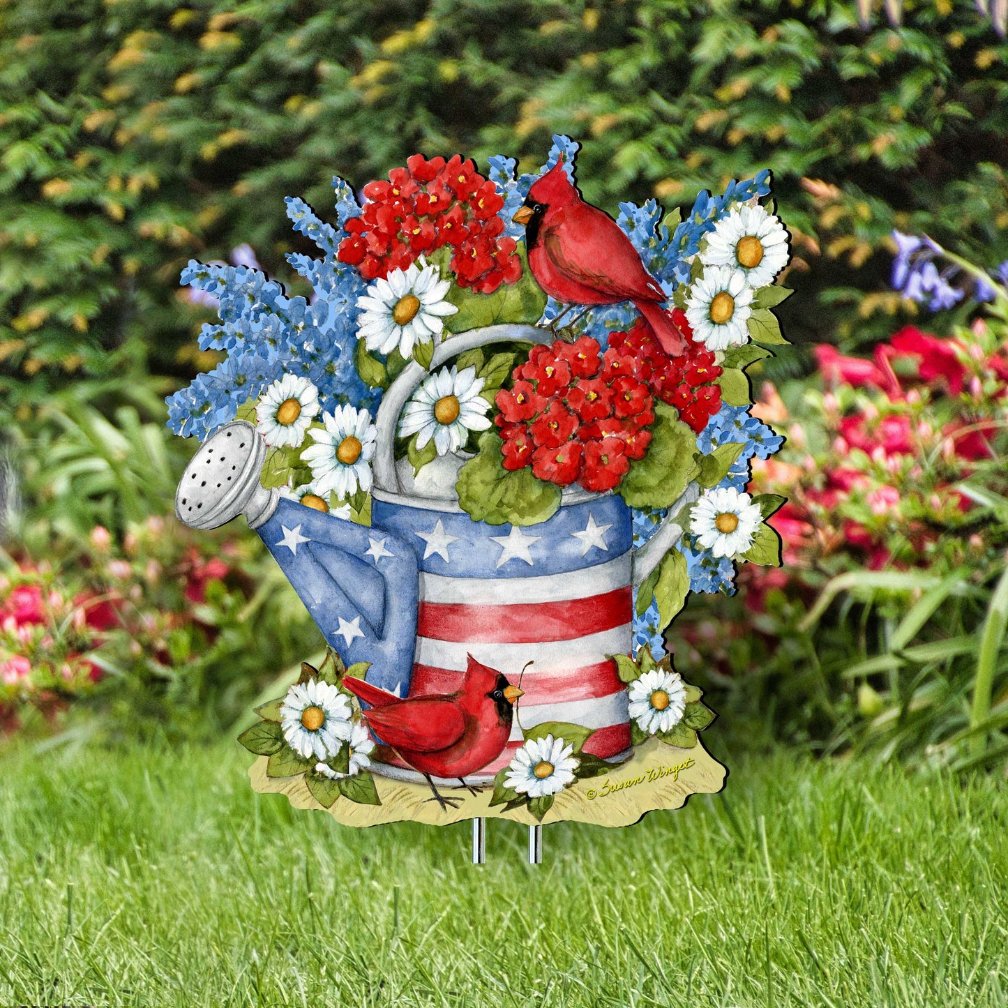 Patriotic garden decor watering can stake