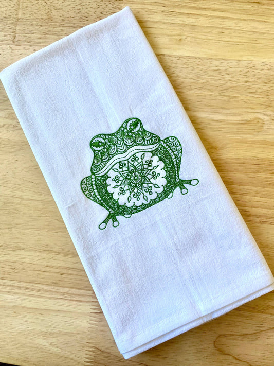 Mandala Frog Embroidered Flour Sack Tea Towel