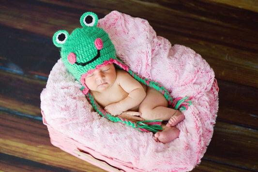 Green/Pink Frog Ear Flaps Crocheted Handmade Heirloom Hat